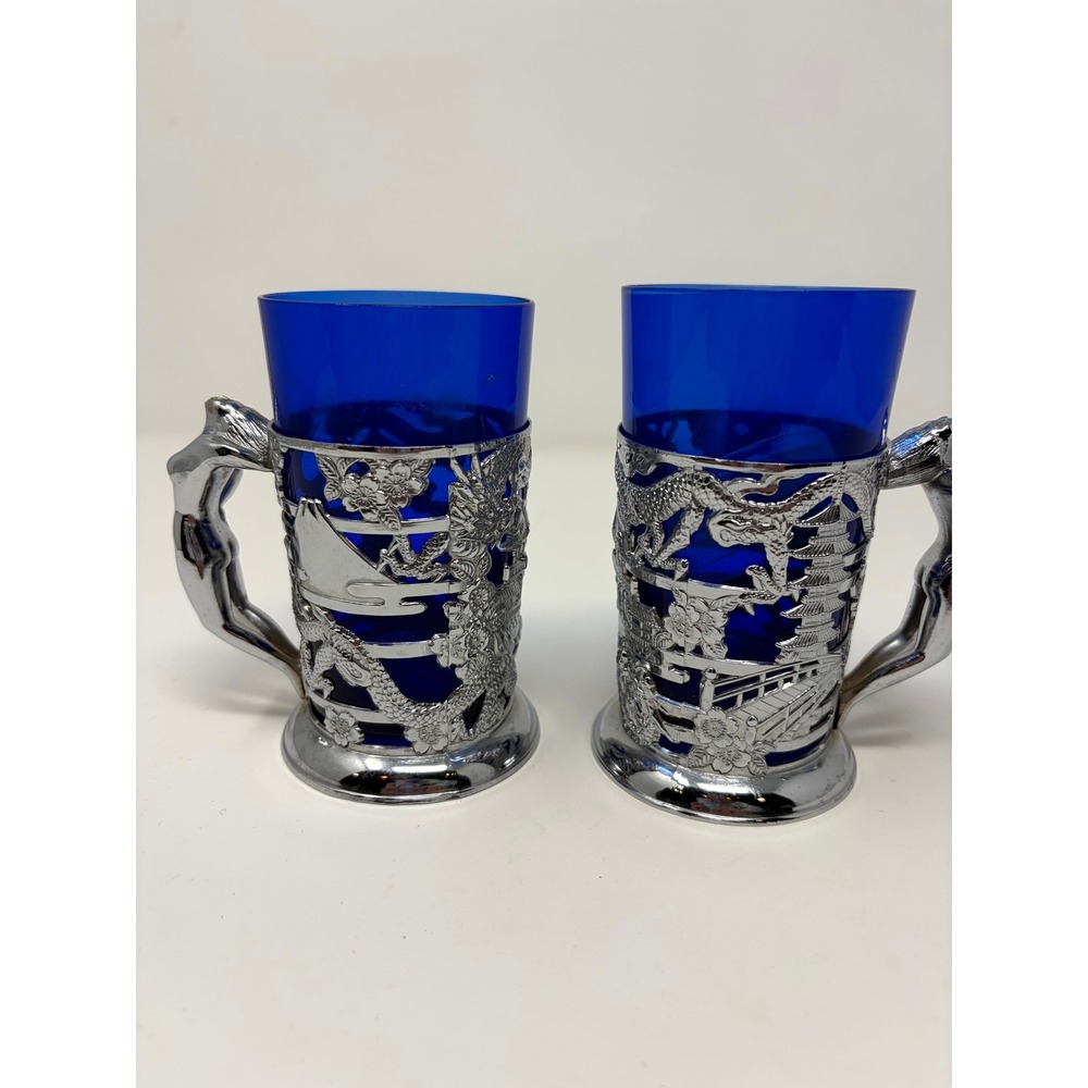 Vintage Cobalt Blue Glass Cups Silver Filigree Dragon Pagoda Nude Handle Set 2